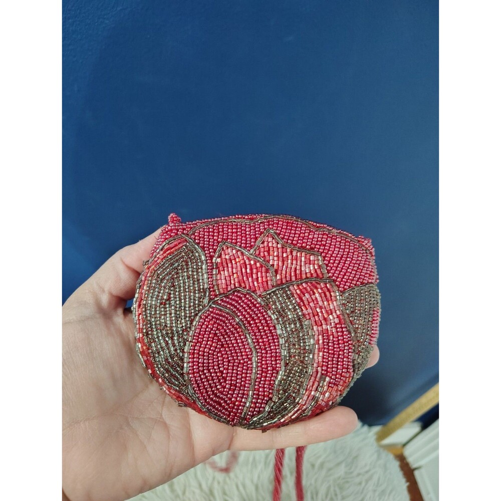 Vintage Hato Hasi Red Beaded Cross Body Purse Rose Bud